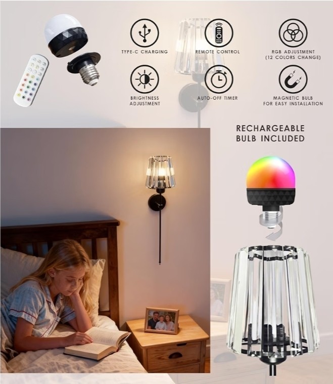 Charming Life 2-Pack Black Crystal Wall Sconce LED Remote RGB Dimmable Battery