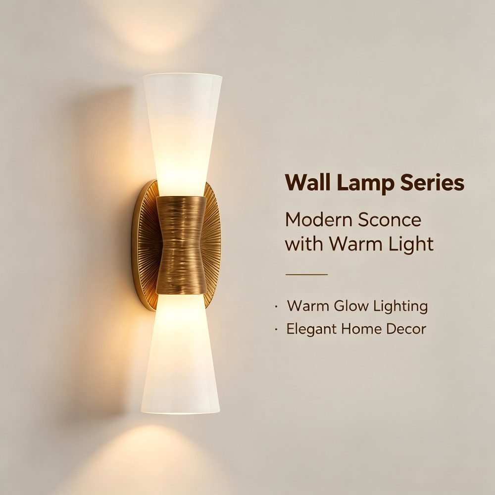 Modern Art Deco Gold Textured Metal Wall Light 2‑Tapered Opal Glass Vanity Light
