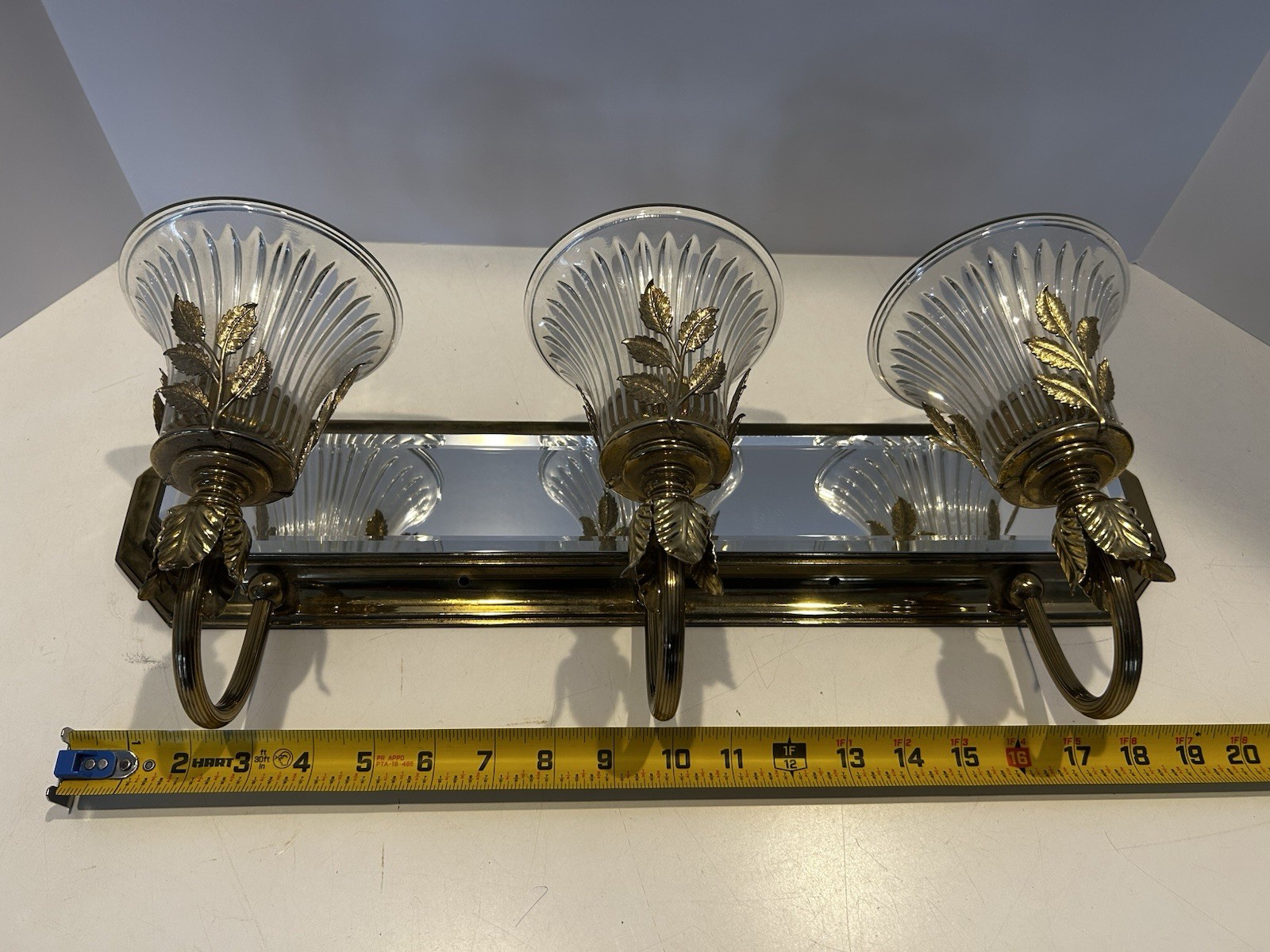 H A Framburg 3 Light Brass Mirrored Wall Sconce With Fluted Glass Shades Vtg MCM