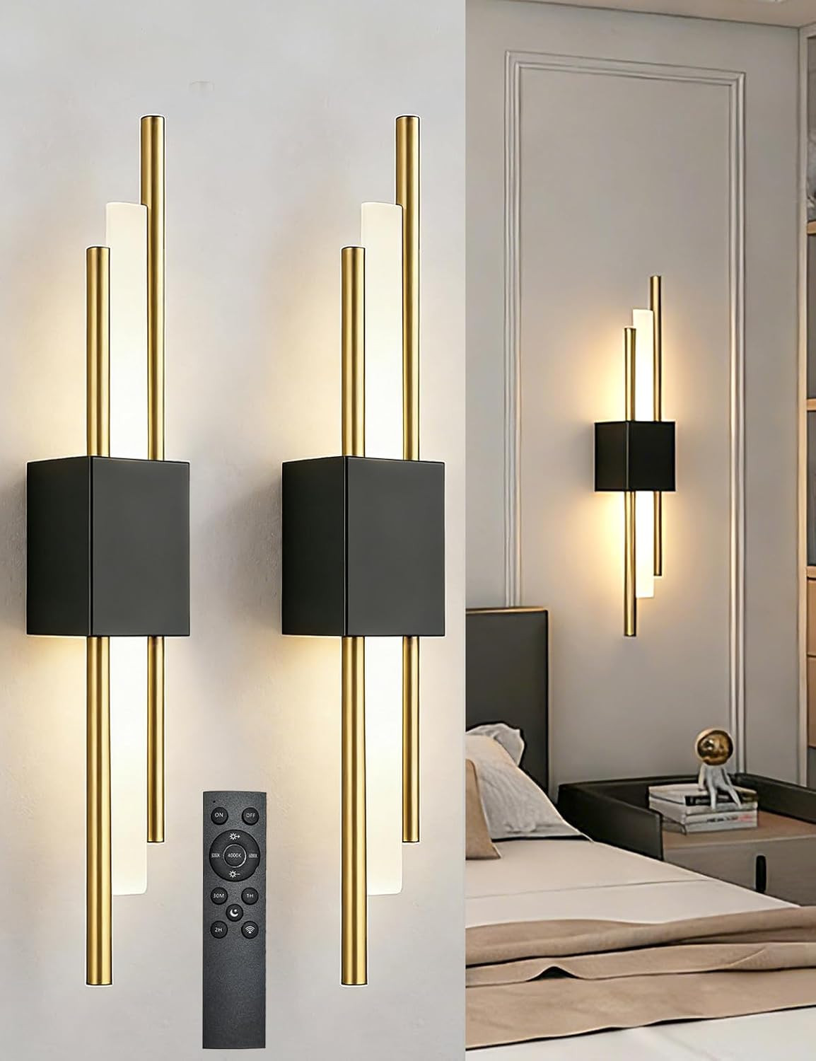 USB Rechargeable Wireless Wall Sconces Set of 2 with Dimmable Timer