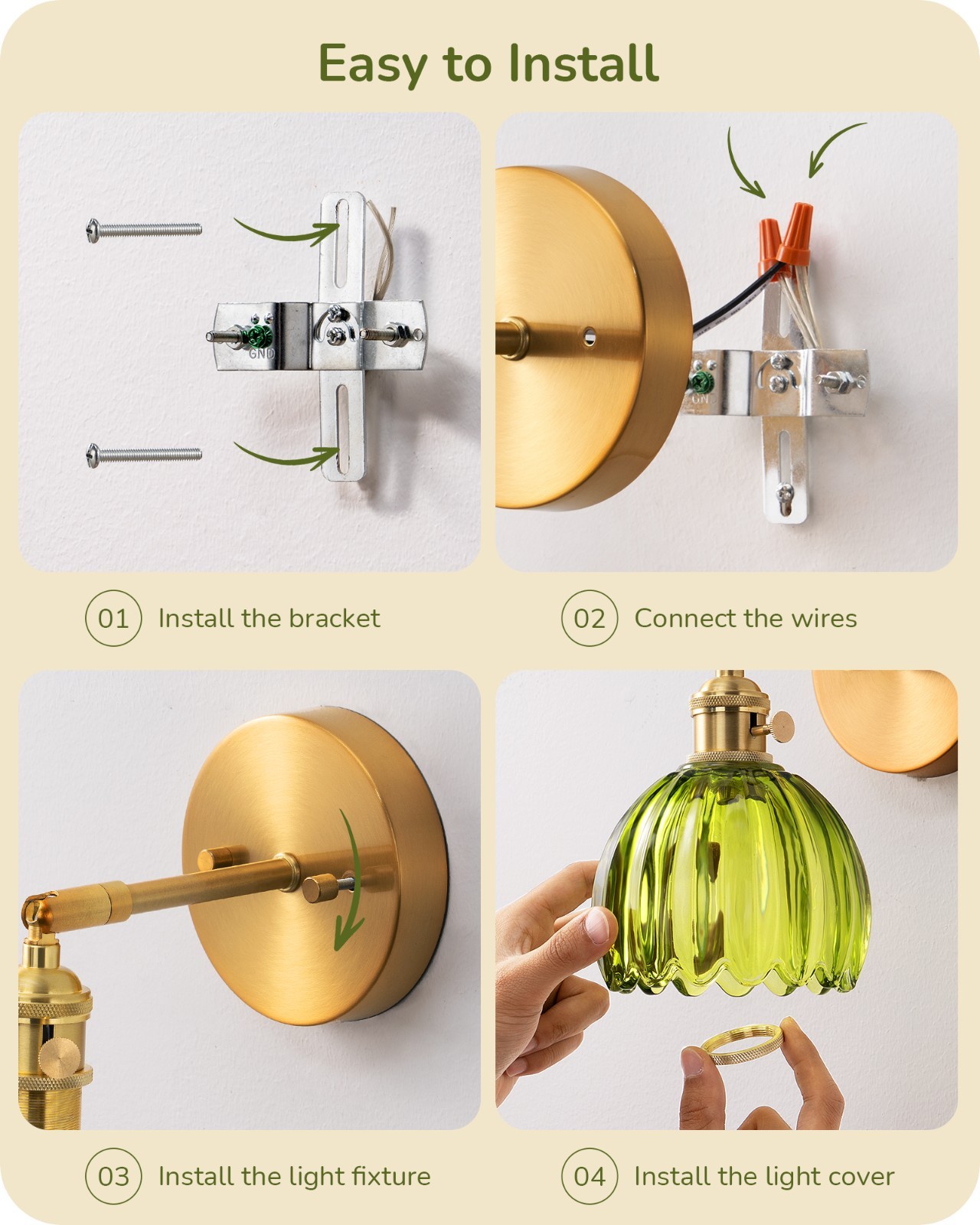 EDISHINE Hardwired Wall Sconces Set of Two, 180 Degree Adjustable, Brass Gold