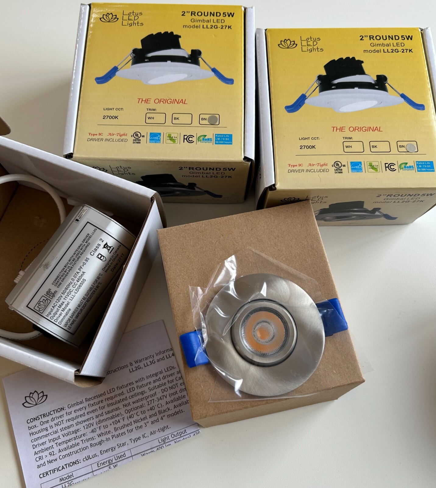 Lotus 2″ Eyeball Gimbal LED Downlight – 5W – 2700K – 400 Lumens – 120V – Brushed