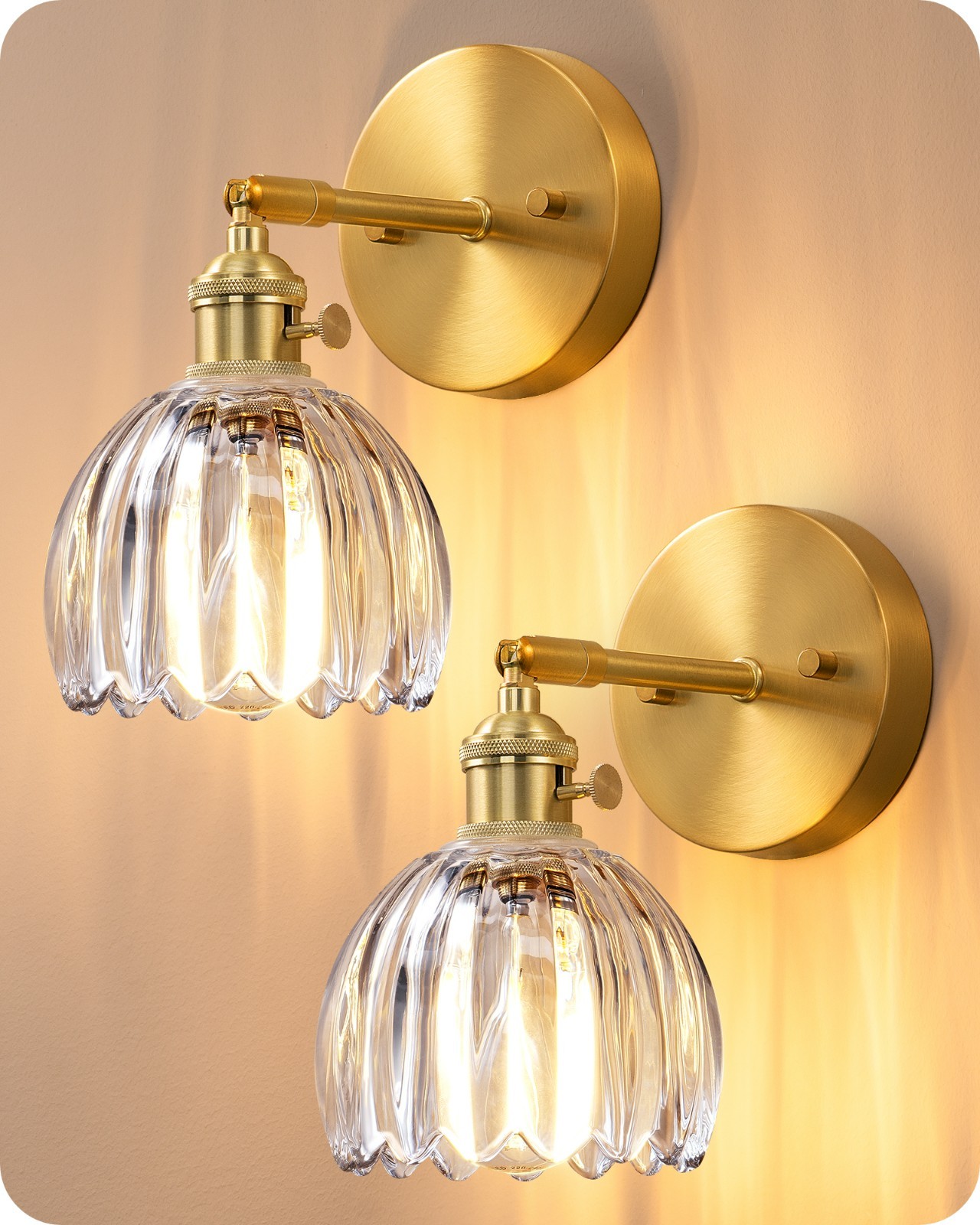 EDISHINE Vintage Brass Gold Vanity Lights, 180° Adjustable Head, Rotary Switch