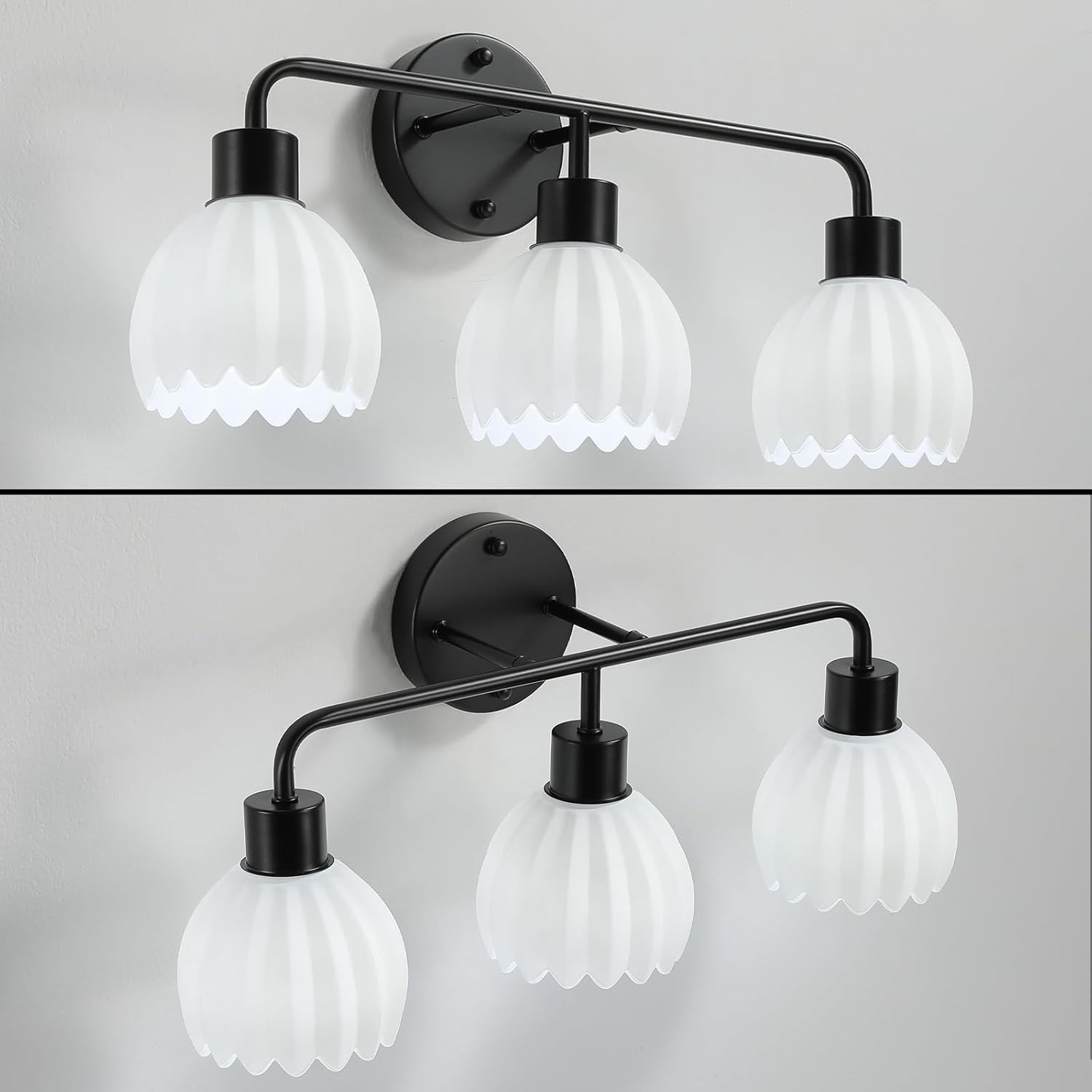 Sleek Black 3-Light Vanity Wall Sconce with Elegant Milk White Glass Shades