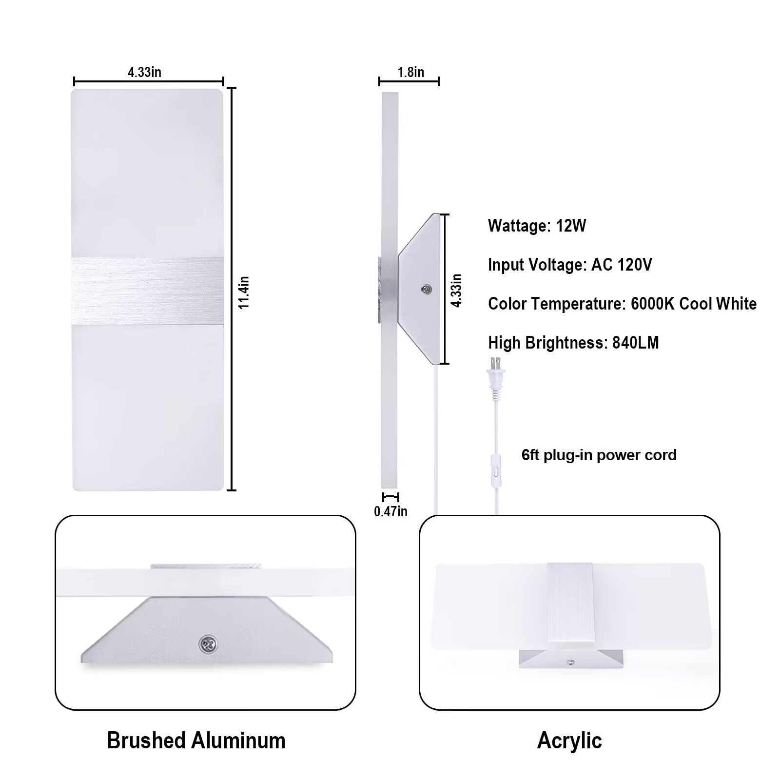 TRLIFE Wall Sconce Plug in, Modern Wall Sconce 12W Wall Mounted Light 6000K Cool