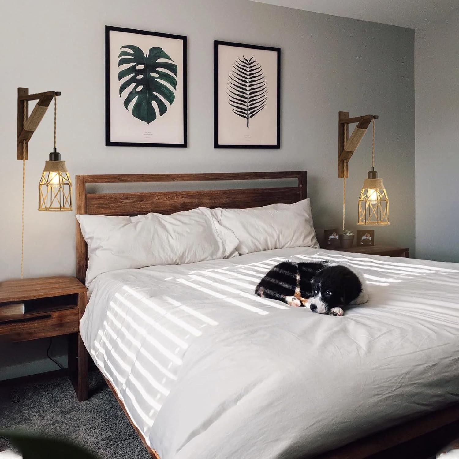 2-Pack Plug-in Wall Sconces – Farmhouse Metal Cage Lights with Distressed Wood B