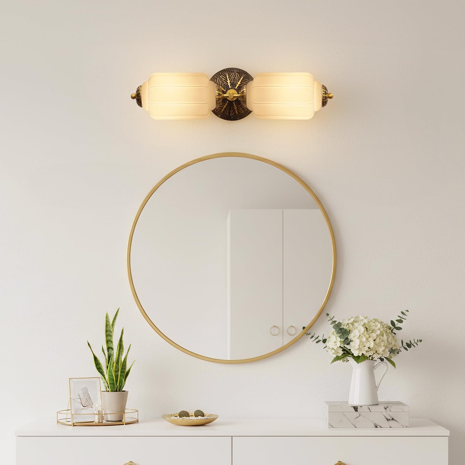 Vintage Bathroom Vanity Light – 2-Light Milk Glass Sconce with Antique Brass …