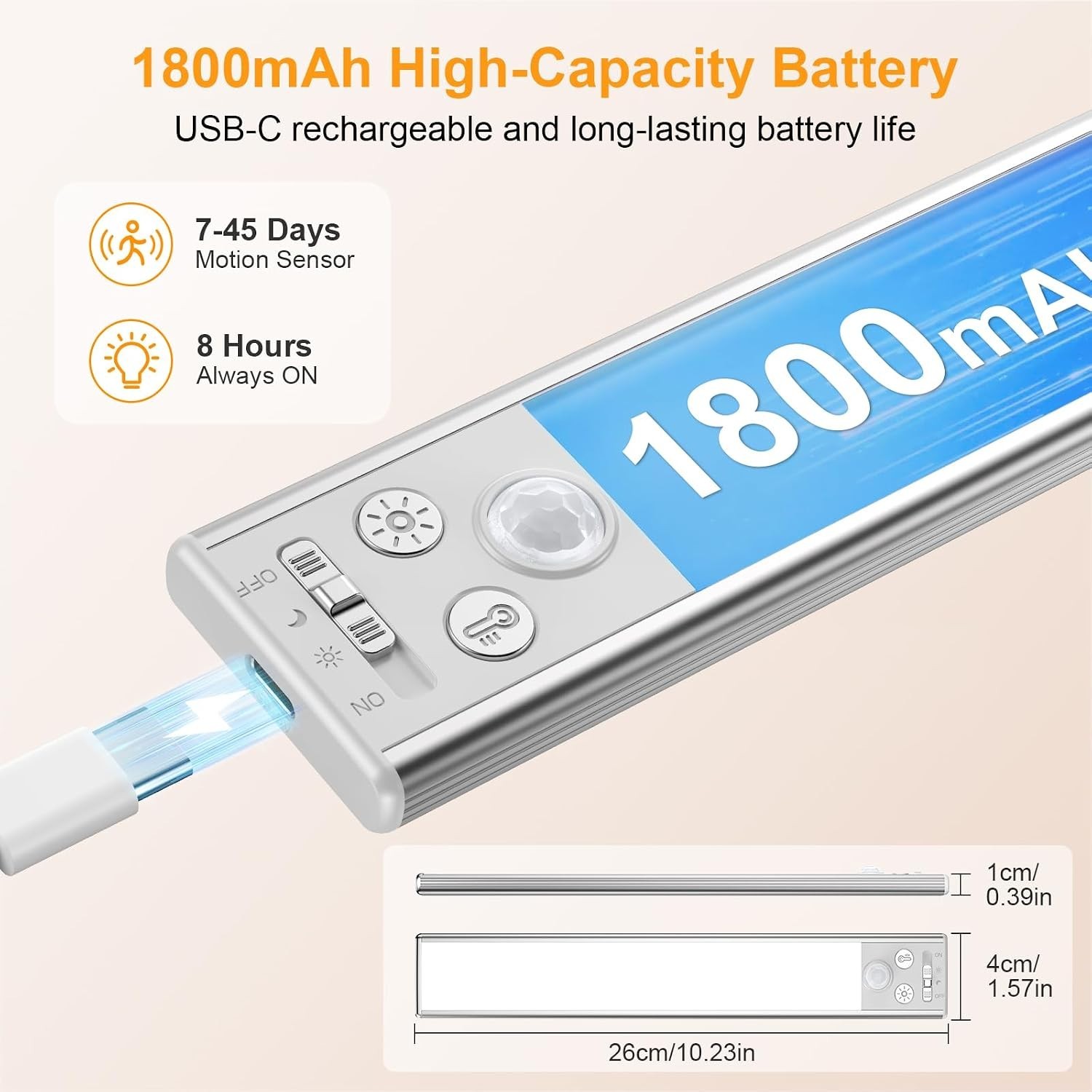 Energy-Efficient 10.2-Inch Under Cabinet Lighting – 3 Color Modes & Rechargeable