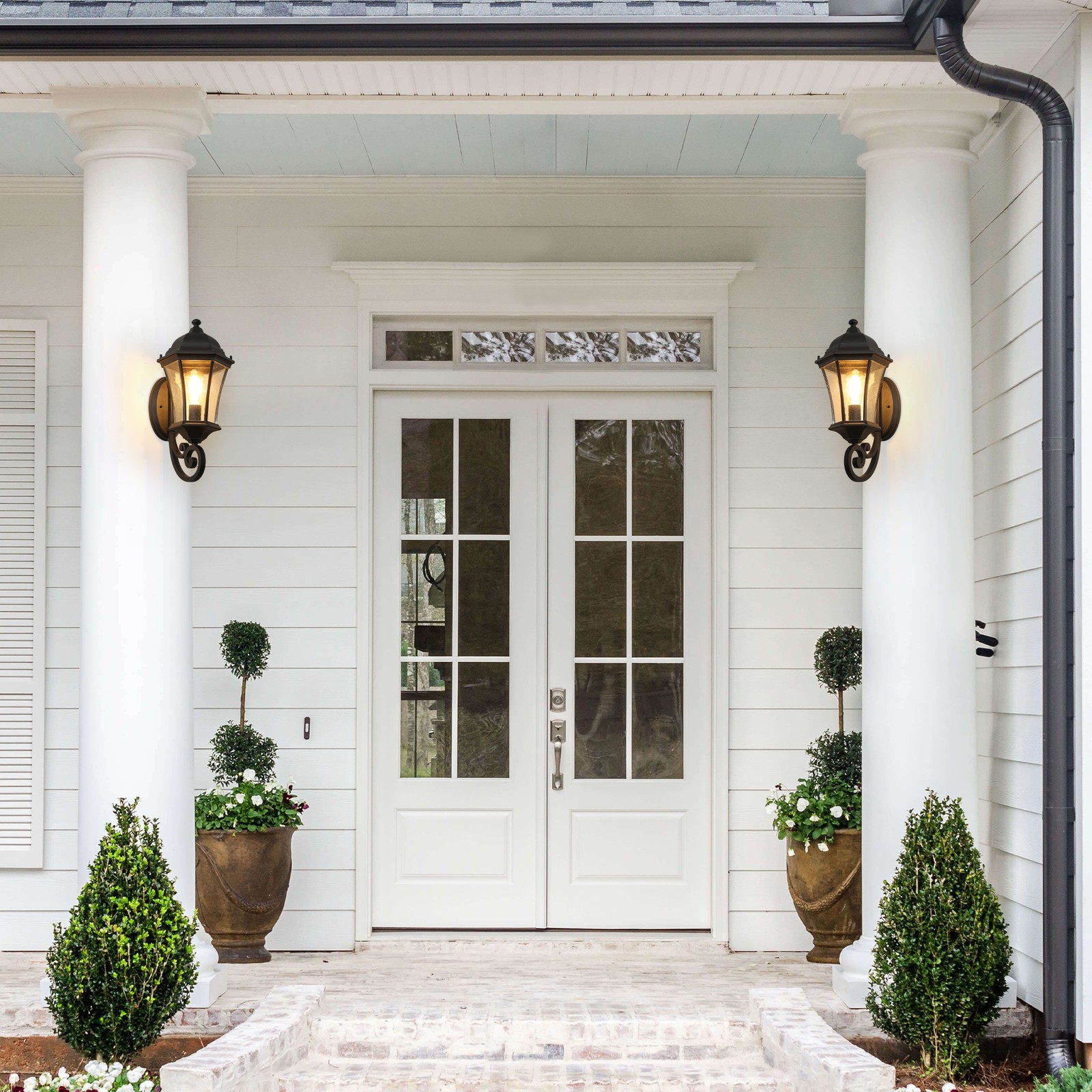 2 Pack 20″ Outdoor Wall Sconce Light Sensor Black Lantern Fixture Dusk to Dawn