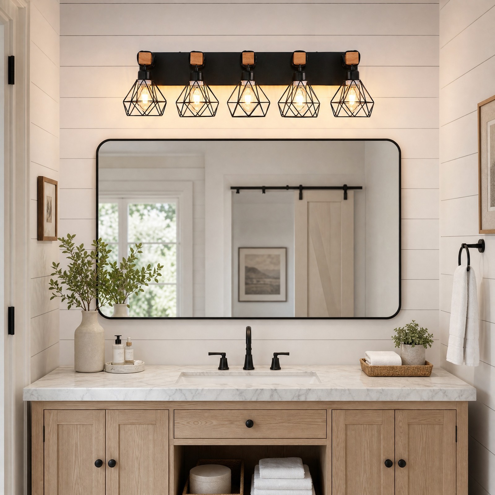 31» Metal Shade Vanity 5 Light LED Black Bathroom Mirror Wall Sconce Fixture