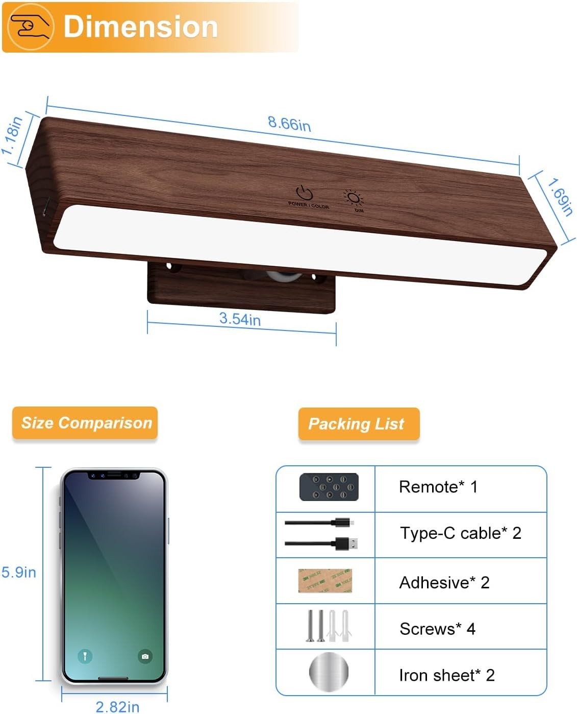 Rechargeable Wood Wall Sconce with Remote, Touch & RGB – 2 Pack Dimmable Lights