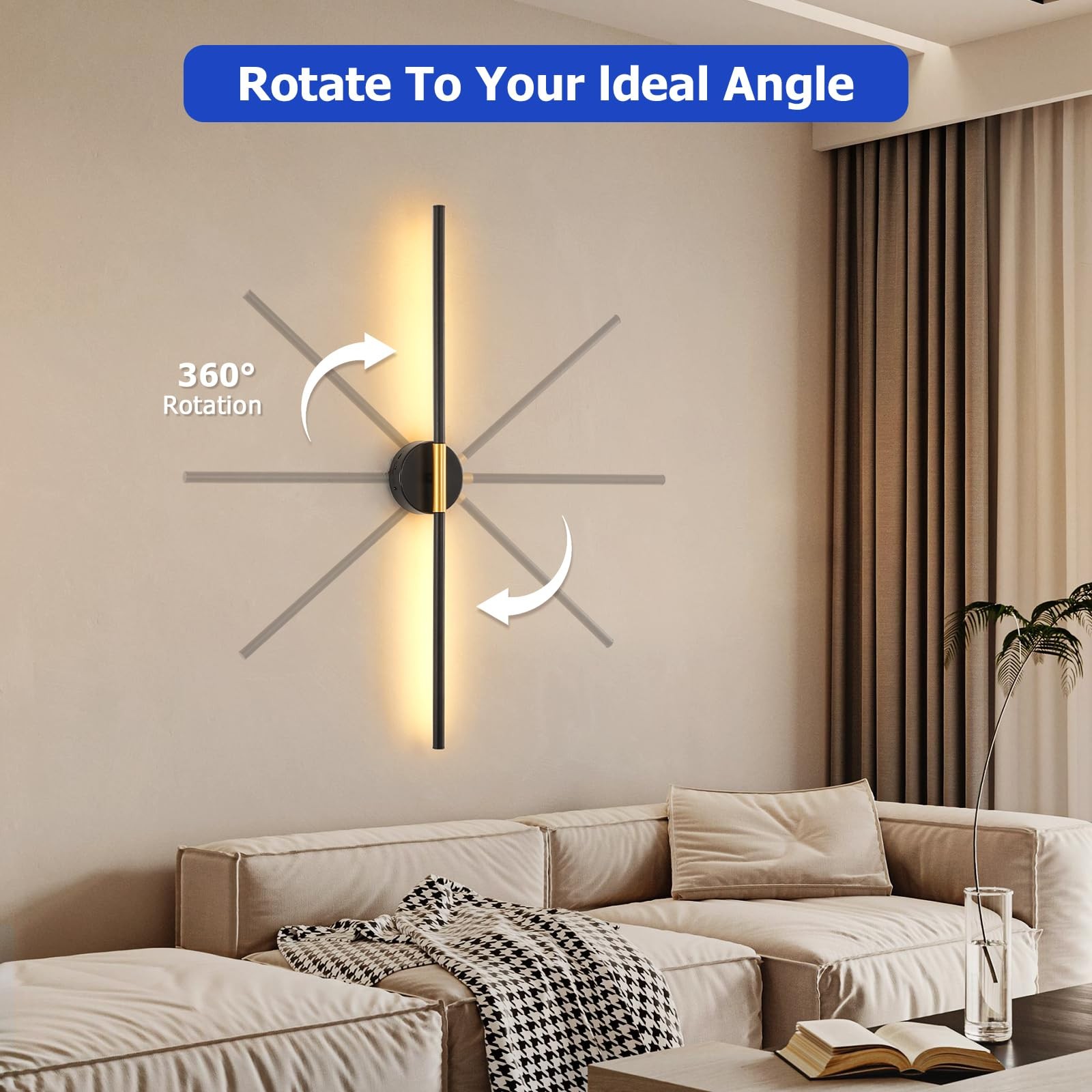 Battery Operated Wall Sconces Set of 2 – Gold & Black LED Wall Light, Dimmabl…