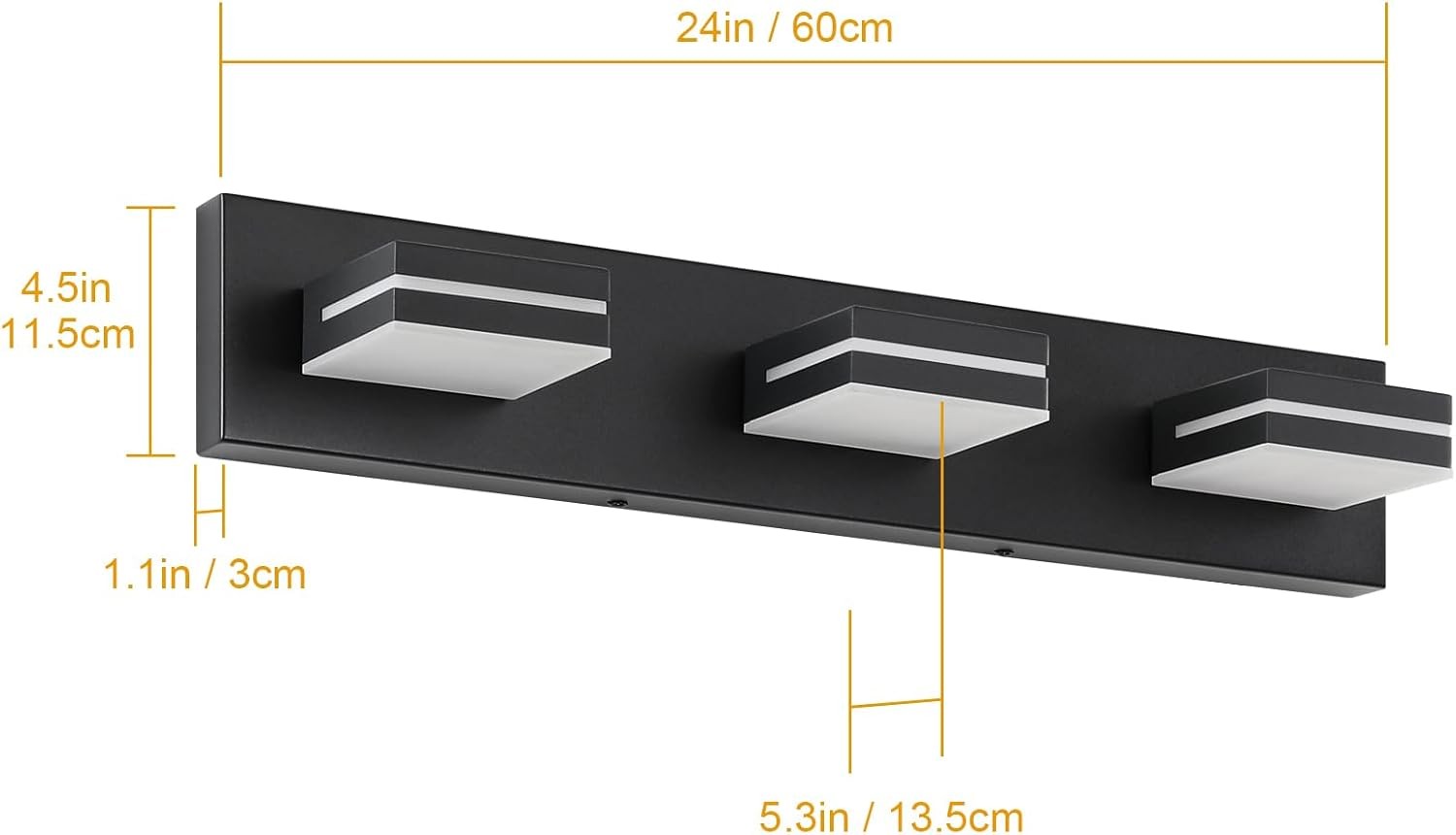 Lámpara LED moderna para baño 24”, 3 luces, acrílico negro mate 6000K