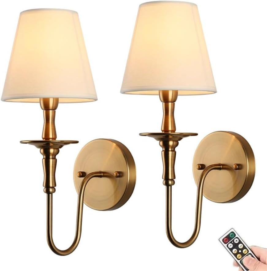 Battery Operated Antique Wall Sconces Set of 2 with Remote – Vintage Brass