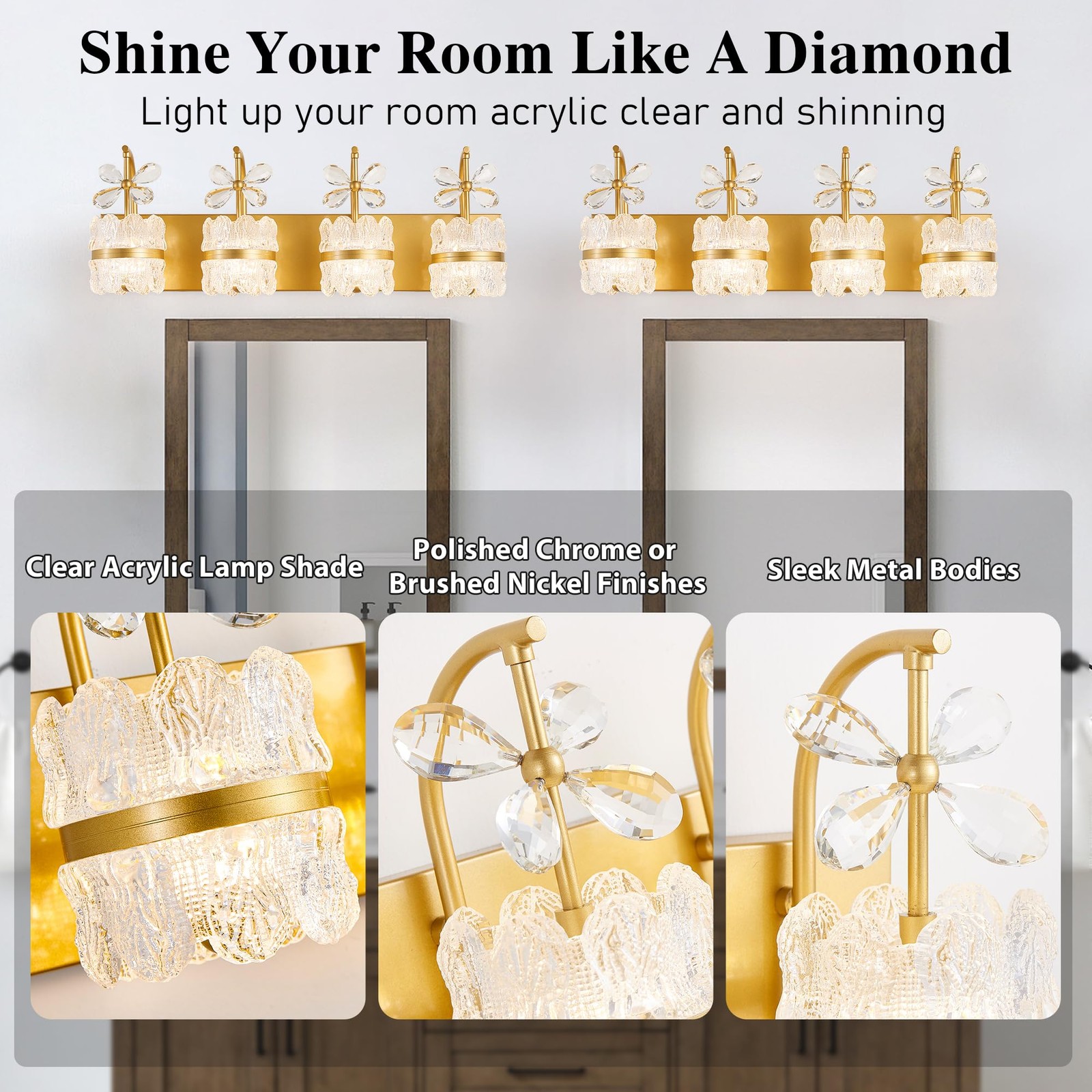 DIAMONDFORGE 4-Light Gold Bathroom Vanity Light, Acrylic Shades