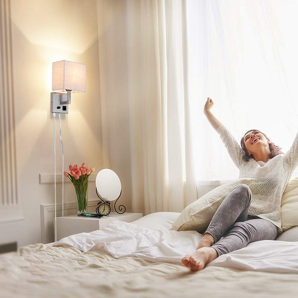 Plug in Wall Sconce, Bedside Wall lamp with Plug and dimmable Switch, with US…