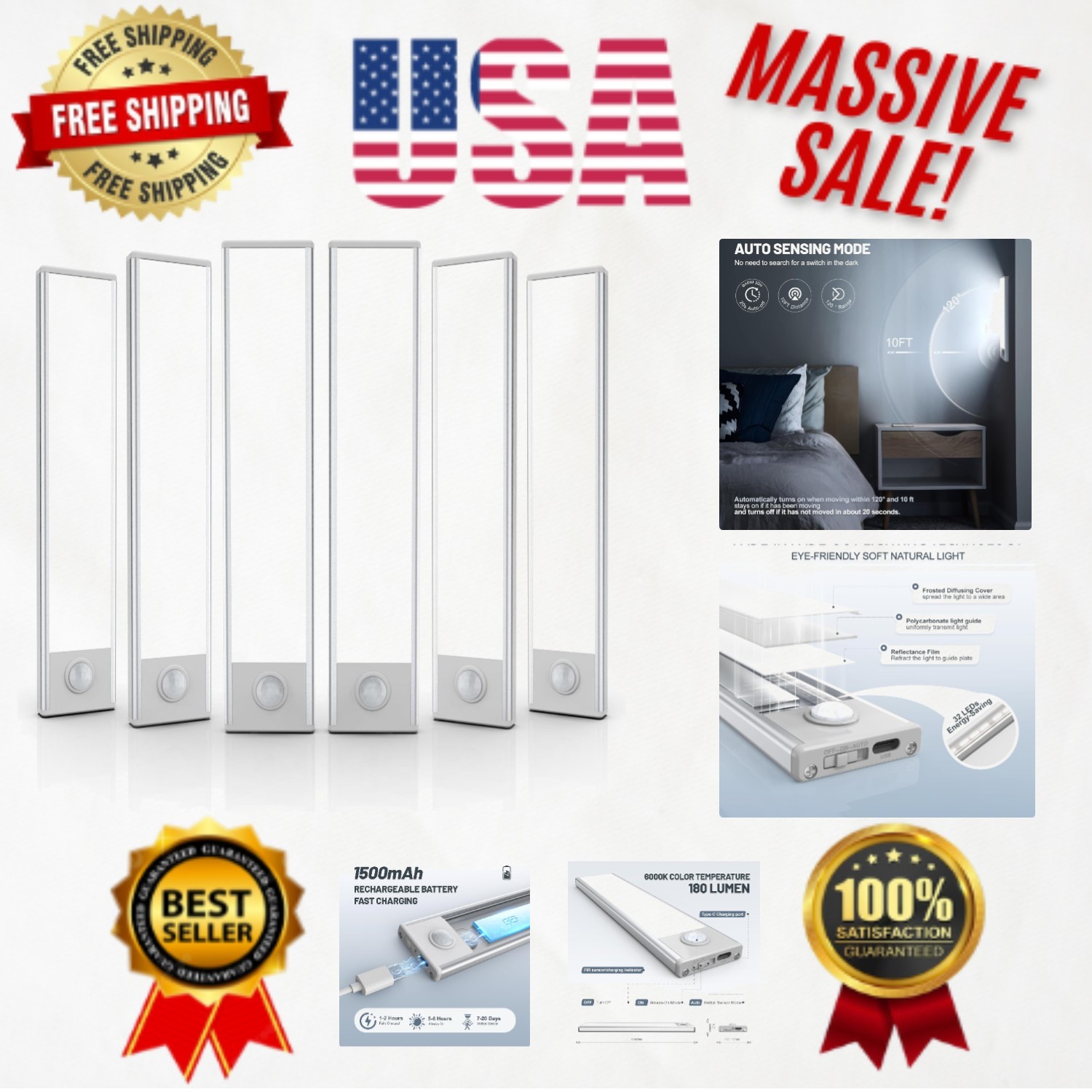 Energy Efficient 6-Pack Motion Sensor Under Cabinet Lights – USB Rechargeable