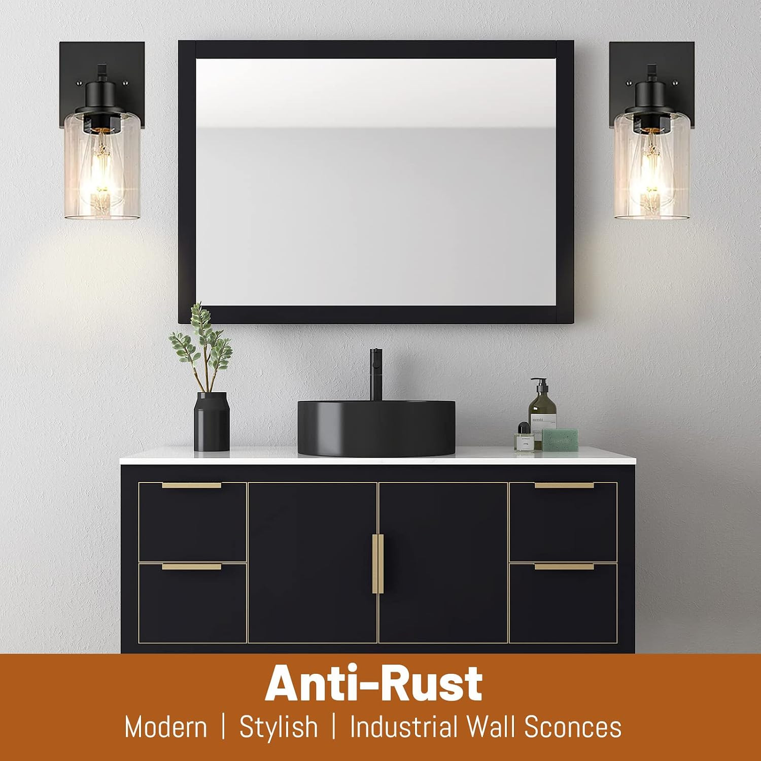 Matte Black Wall Sconces Set of 2, Clear Glass Shade, Farmhouse Style