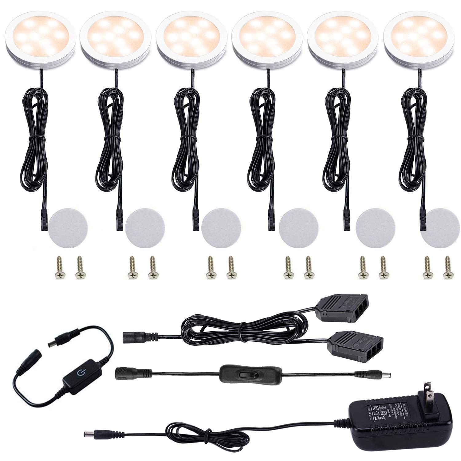 Under Cabinet LED Puck Lights Kit with Touching Switch Dimmable,6kits Warm White