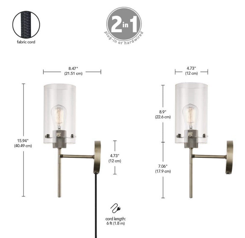 Globe Johnson 1-Light Antique Brass Plug-In or Hardwire Wall Sconce 51789