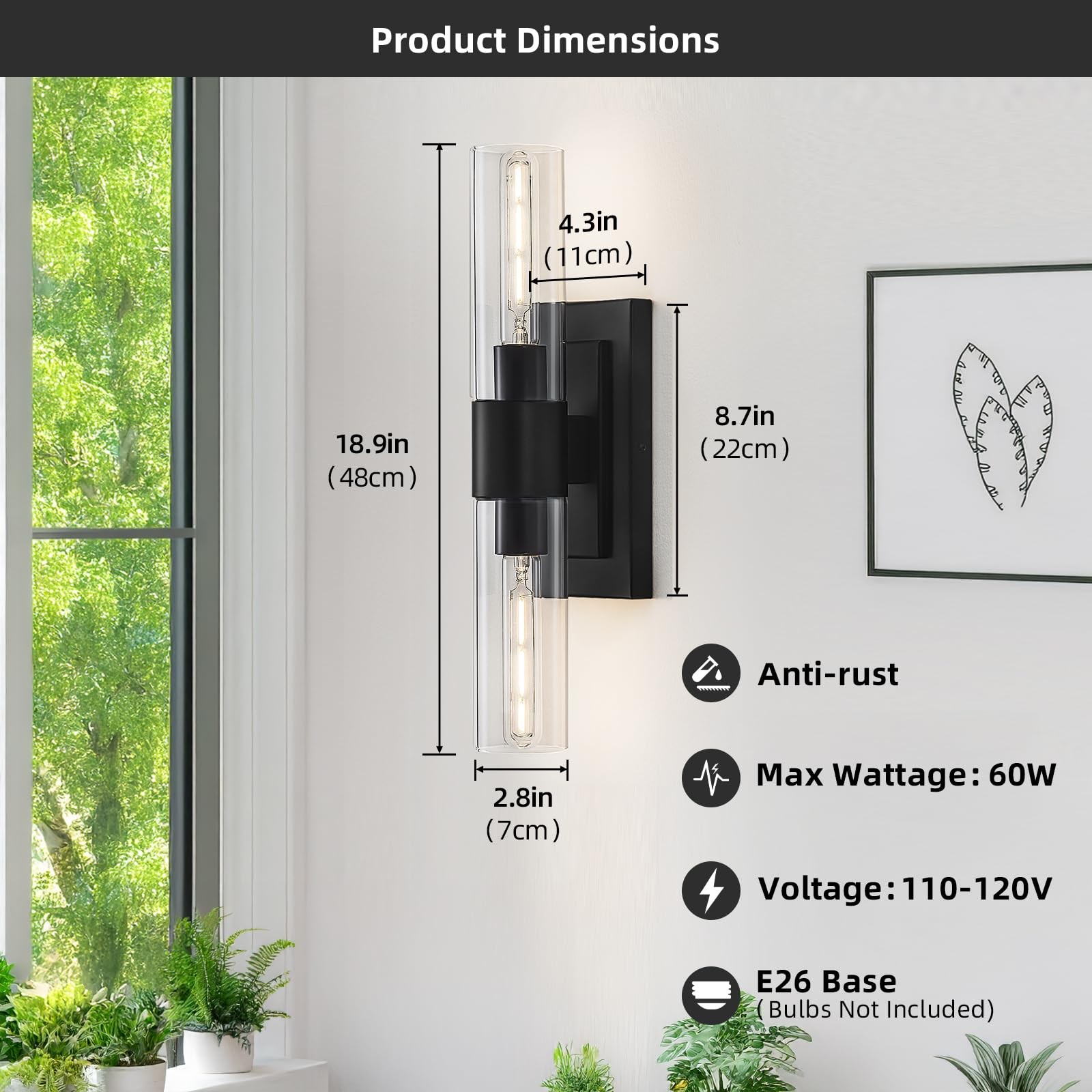 19 Modern Wall Sconce,2-Light Bathroom Vanity Light,Glass Tube Indoor Wall Sconc