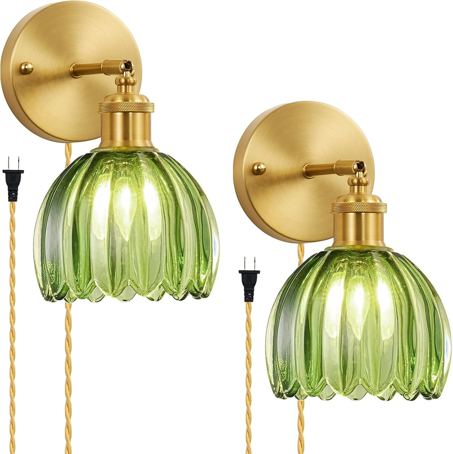 Vintage Green Tulip Wall Sconces Set of 2 with Plug-in Cord, Gold Accent