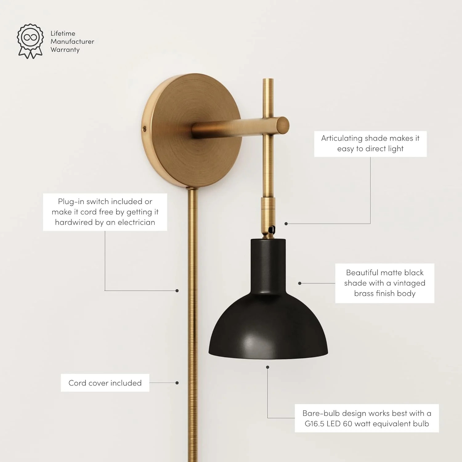 Tamlin Vintage Brass & Black Wall Light Sconce with Switch for Any Room