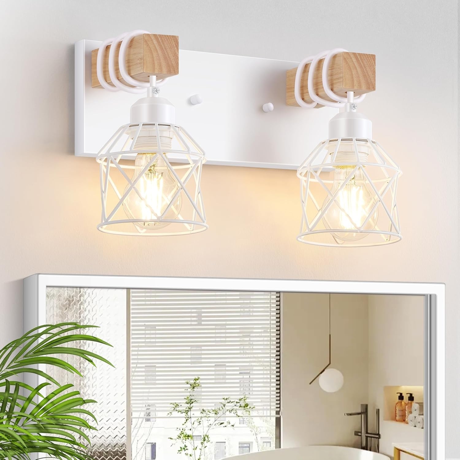 2-Light White Bathroom Light Fixtures, Wood Bathroom Vanity Lighting Fixtures…