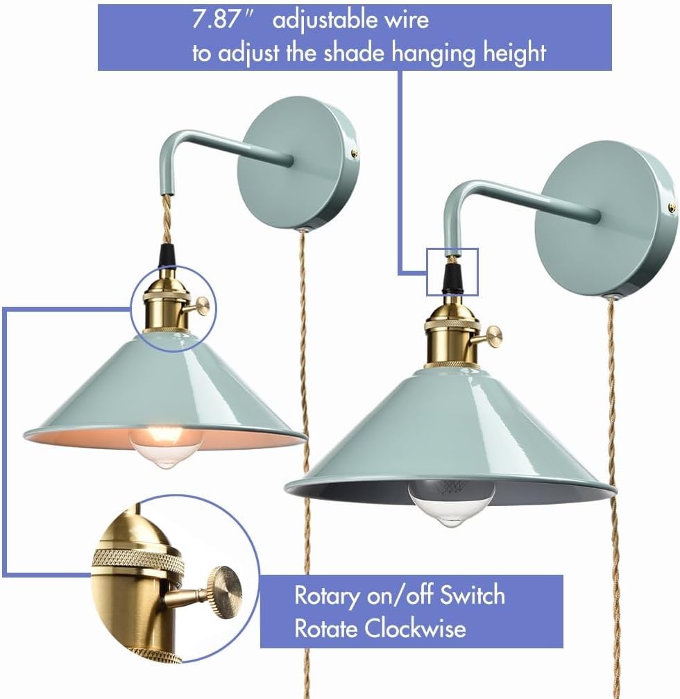 Green Plug in Wall Sconces Set of Two,Wall lamp with Plug in Cord of 2 for Be…