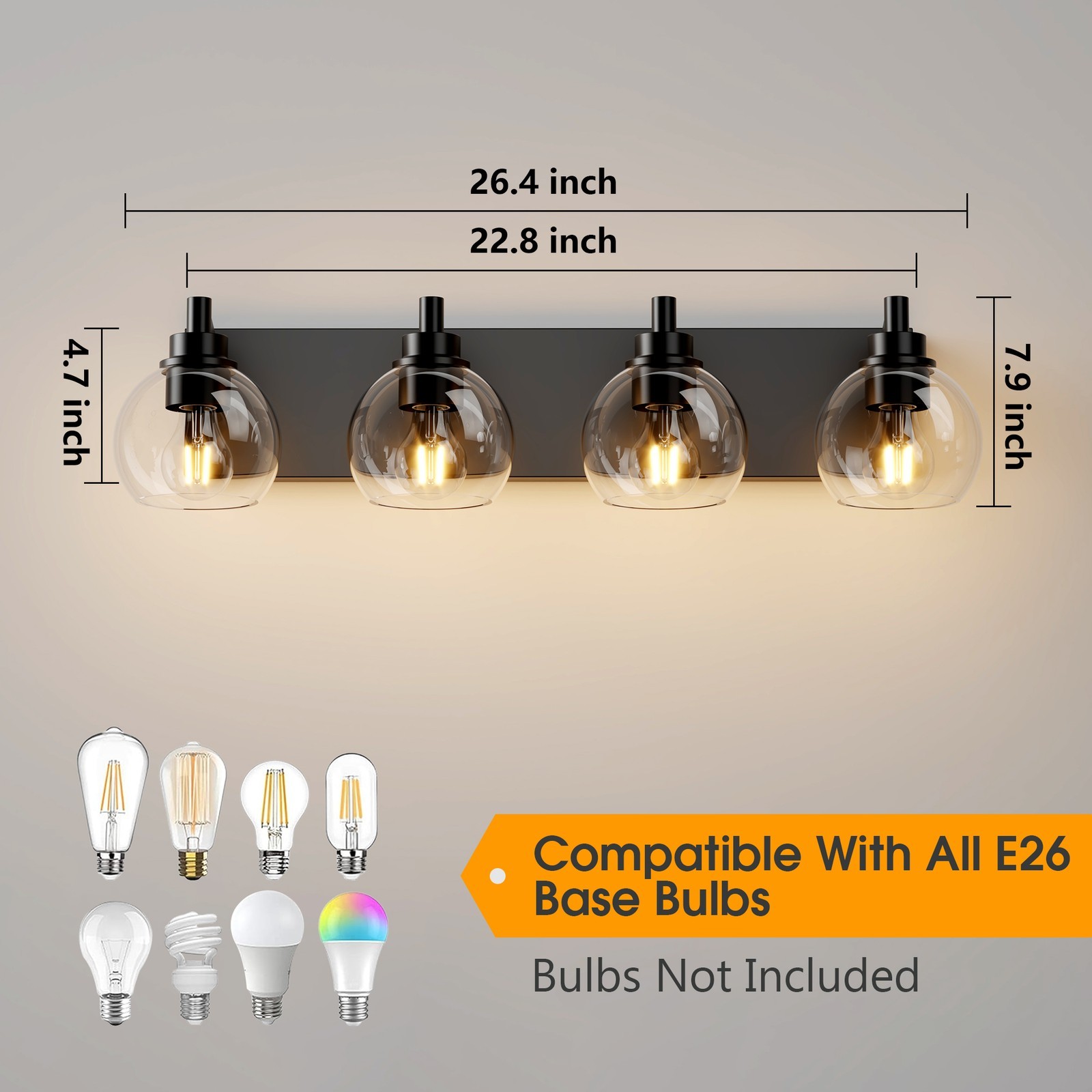 26 in. 4-Light Black Bathroom Vanity Light with Clear Glass Shades, E26 Sockets