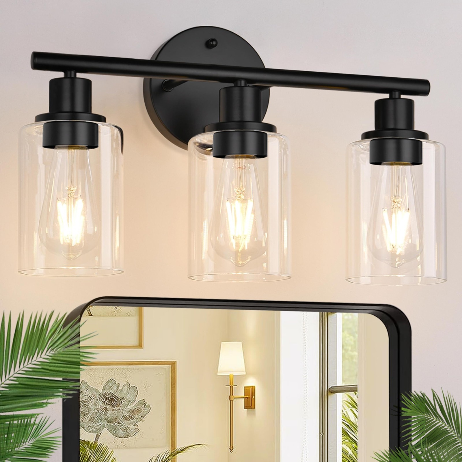 3-Light Bathroom Light Fixtures, 17.23″ Black Modern Vanity Lights with Clear…