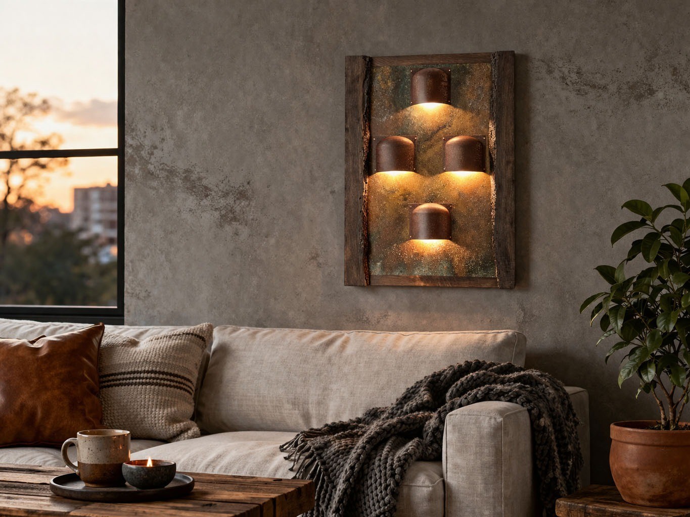 Copper Wall Light Hand Patinated LED Light Panel Oak Frame Wall Lamp