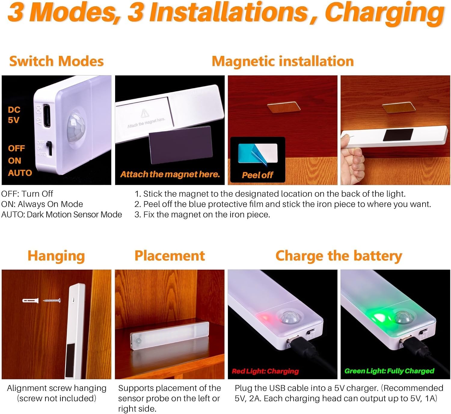 Elegant 8-Inch Rechargeable Motion Sensor Under Cabinet Lights – Warm White, …