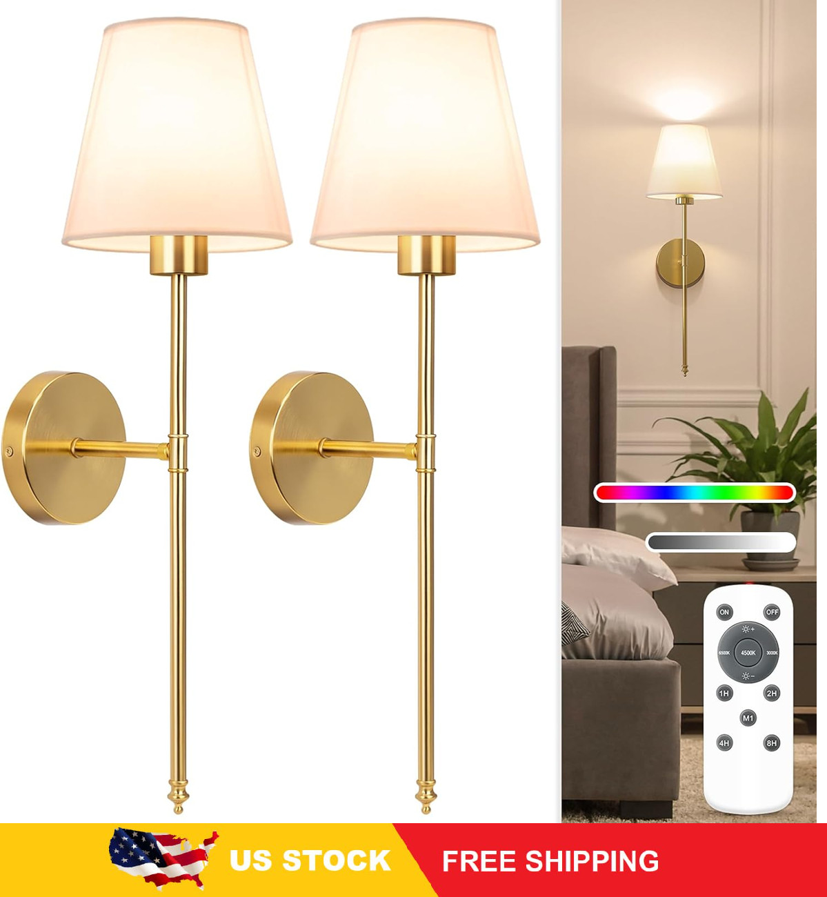 NIORSUN Battery Operated Wall Sconce Set of 2,Gold Rechargeable Wall Lights