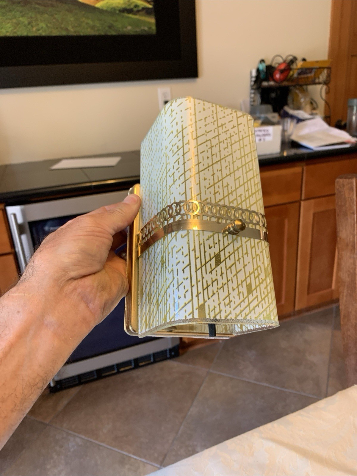 Vintage MCM Gold White Glass Wall Sconce Brass Hardwired Light Fixture