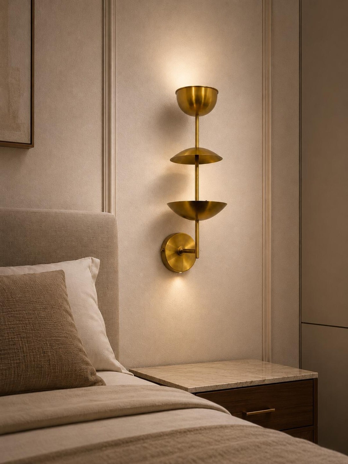 Mid-Century Modern Raw Brass Wall Sconce: 6-Light Triple Bowl Wall Lamp