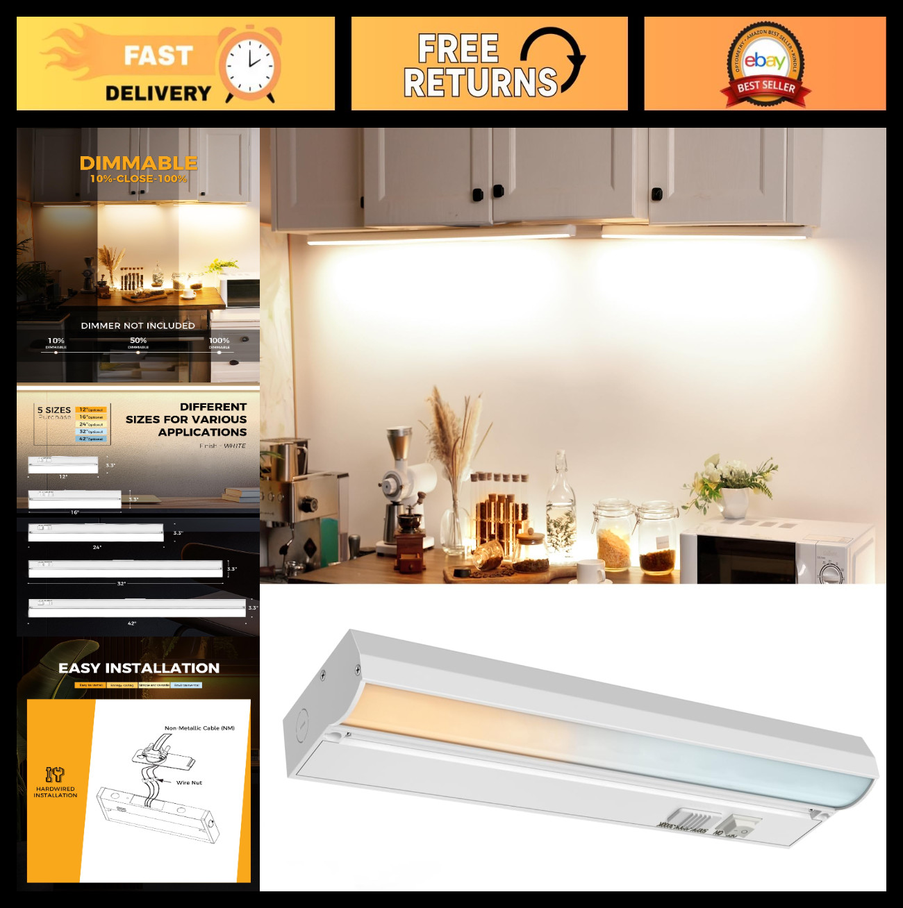 4 Pack 12″ Dimmable LED Under Cabinet Lighting, 9W 600LM, 3CCT Kitchen Lights