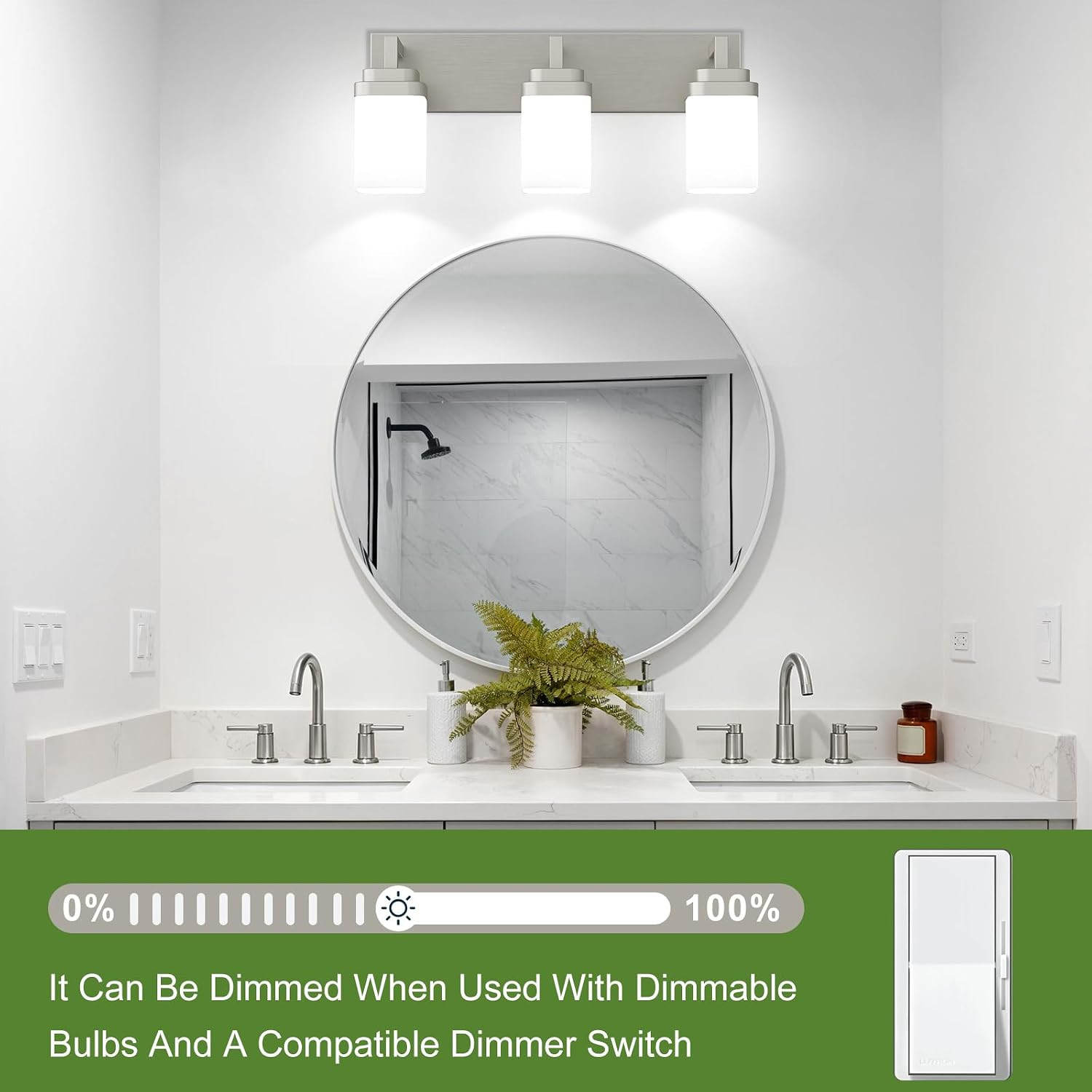 Brushed Nickel Bathroom Light Fixtures, Modern Vanity Lights with White Glass La