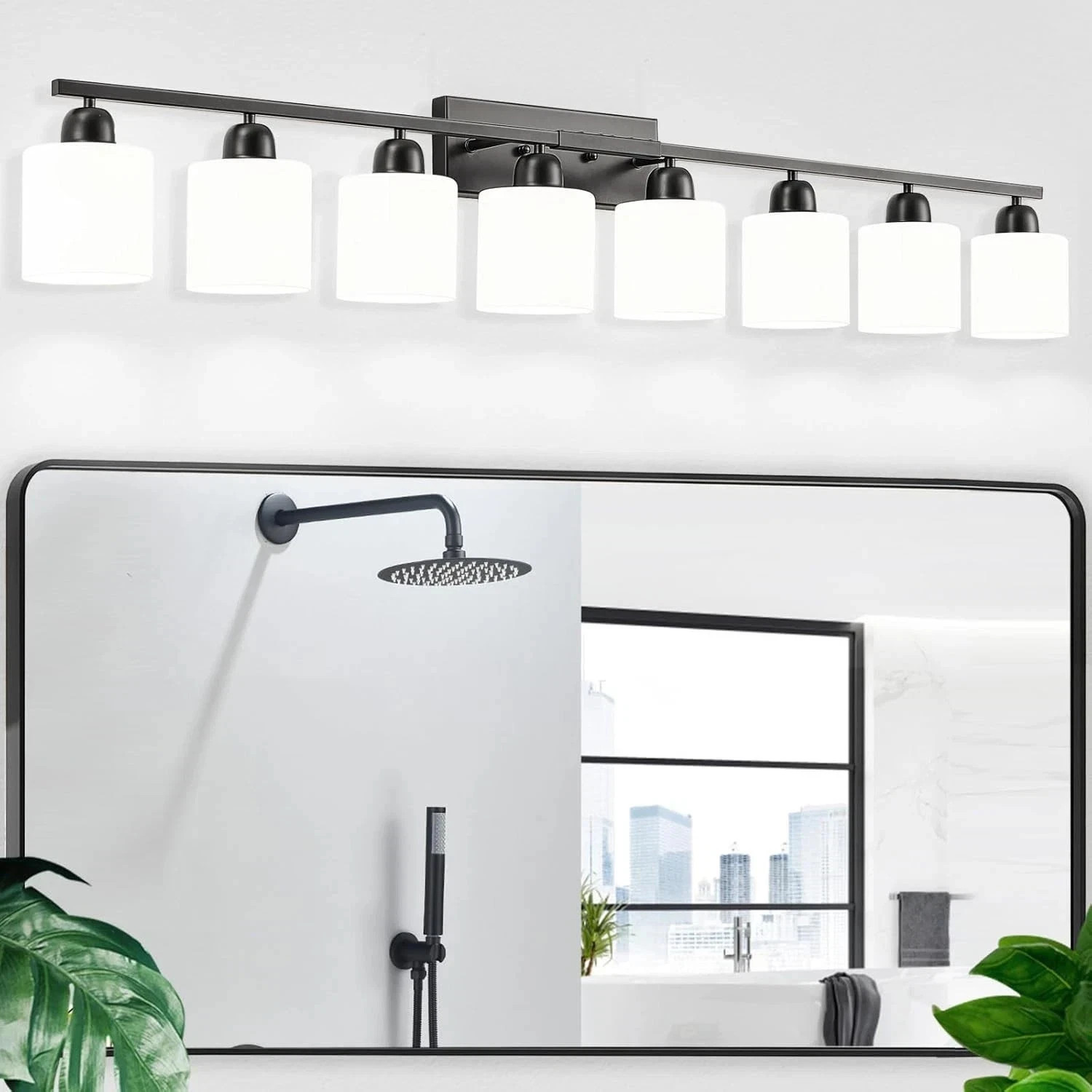 Black Bathroom Vanity Light Fixture with Frosted Glass Shades 51-Inch 8-Light