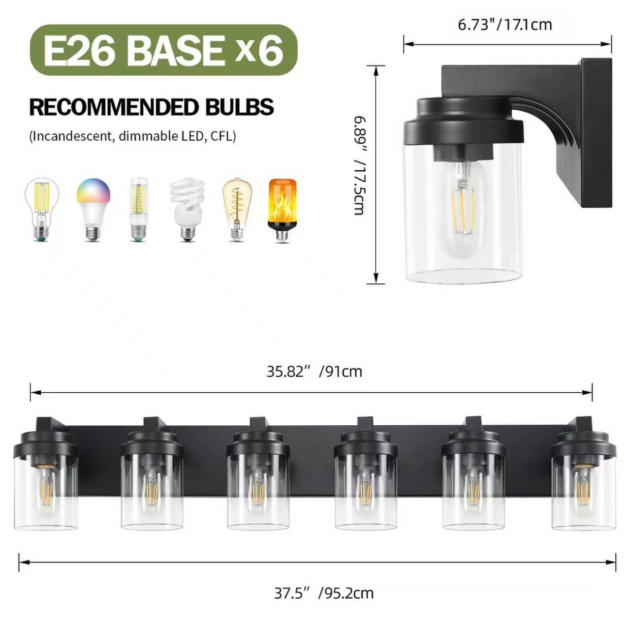 LED 38 in 6 Lights Black Vanity Light Clear Glass Shade for Bathroom Mirror Wall