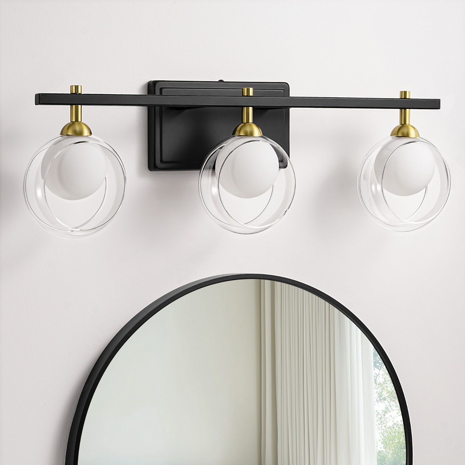 EDISHINE 24″ Geometric Vanity Light,3 Lights,Matte Black Gold Trim,Frosted Glass