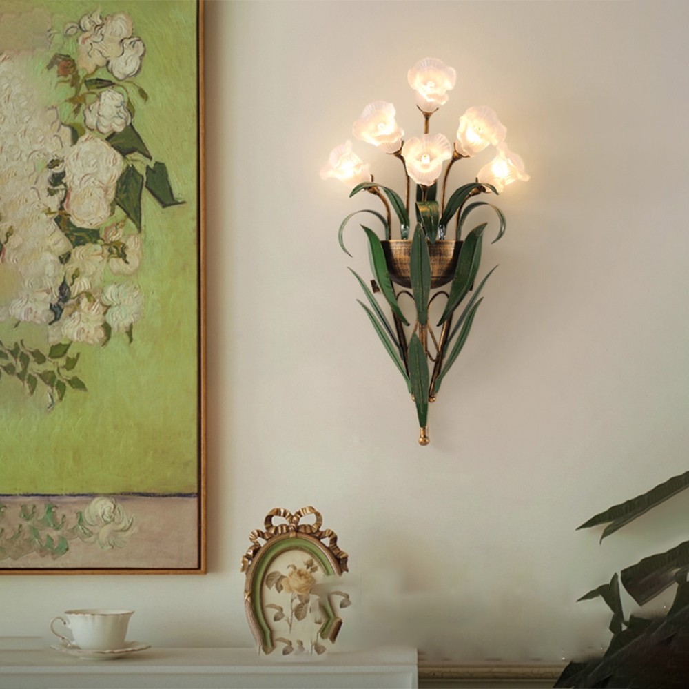 American Country Style Wrought Iron Vanity Lighting Glass Wall Sconce Fixture