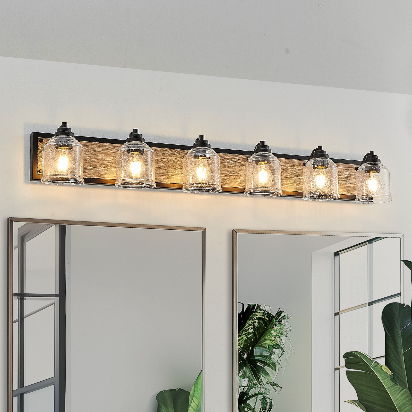 Vanity Light 48 inch 6 Lights Wood Bubble Glass Bathroom Mirror LED Wall Fixture
