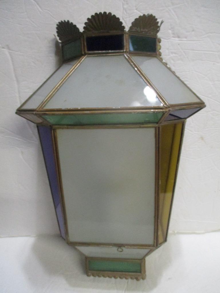 Colored Glass, Tin & Brass Wall Electric Lantern Handmade 15″ Tx 14″ W UNBRANDED