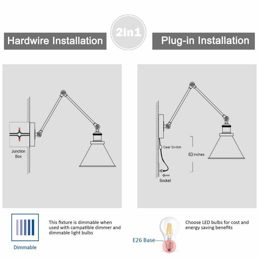 Brushed Gray Swing Arm, Modern 1-Light Black Bell Swing Arm Plug-In Wall Sconce