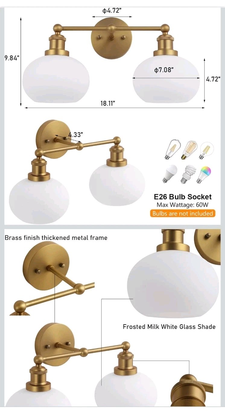 Antique Brass 2 Light Vintage Hardwired Round Milk Glass Wall Sconce Modern