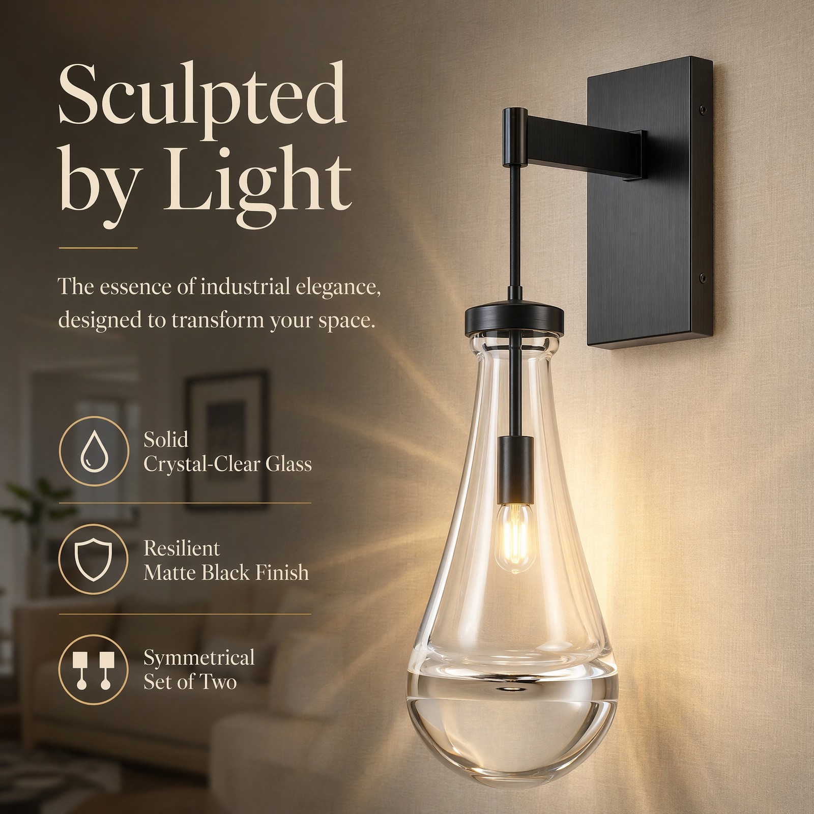2 Pack 18 in Indoor Black Raindrop Glass LED Wall Light Dimmable Sconce Fixture