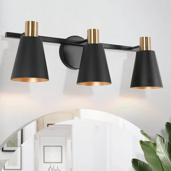 A04322 Black and Plated Gold 22 in. 3-Light Bell Powder Room Vanity Light