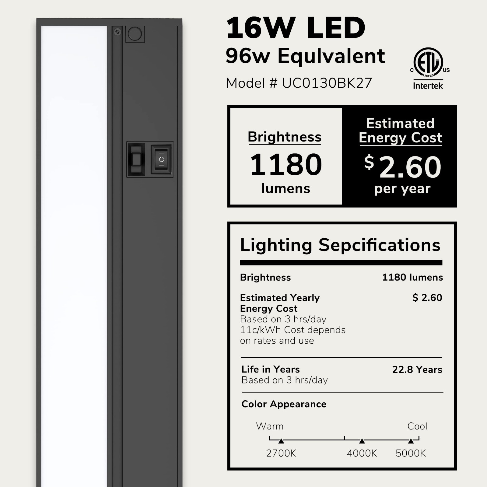 LAGOM 30″ Direct Wire Dimmable LED Under Cabinet Light Selectable Brightness