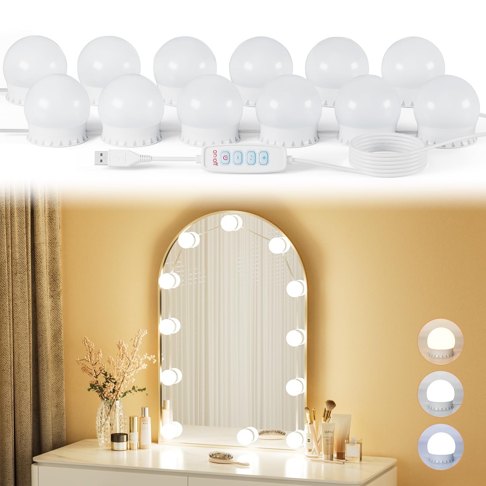 12 Bulbs LED Vanity Lights for Mirror, 3000K 4000K 6500K & 10-Brightness, Wir…